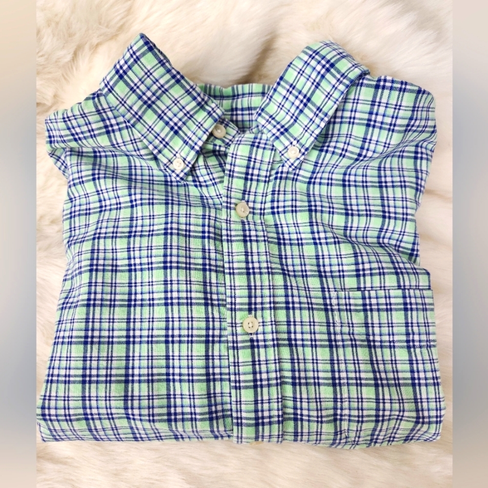 Cremieux Classic Large Blue and Green Plaid Short Sleeve Button Down Shirt EUC